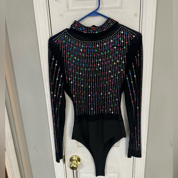 Colorful rhinestone mesh mockneck bodysuit - Picture 3 of 5